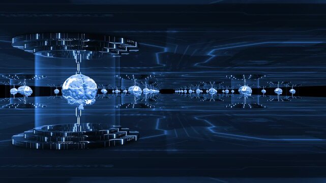 Royal blue color 3d brain interlinked of ai simulation of human intelligence futuritstic circuit board processing global humans data hi tech design black technology 3D background
