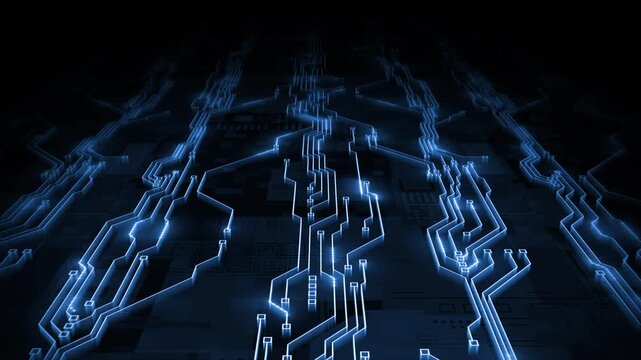Flying above the Royal blue color glowing circuit board microchip with binary code futuristic matrix data network hi tech design black technology background