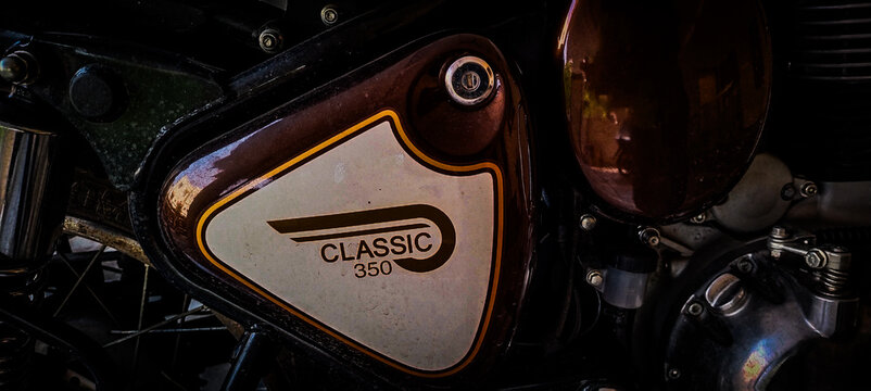 Royal Enfield motor bike. First Royal Enfield motorcycle built in 1901 by The Enfield Cycle Company of Redditch, Worcestershire, England. In 1932 Enfield bullets manufactured in India, Chennai plant. 