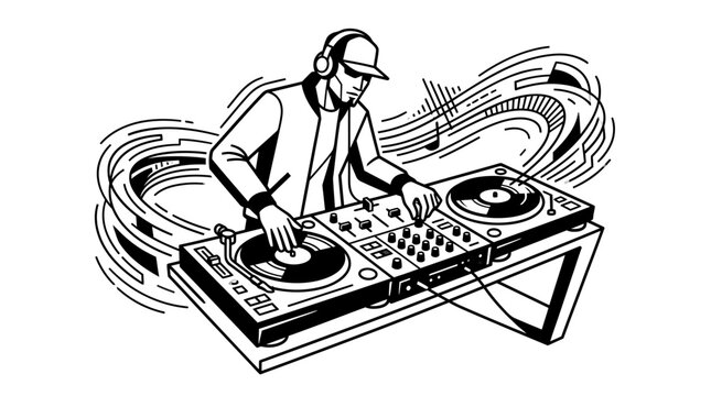 Disk jockey playing music on turntable mixer with headphones