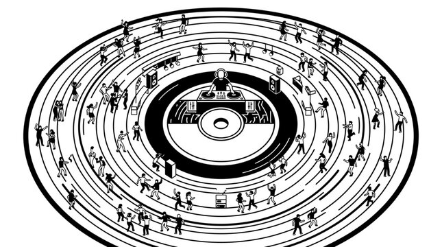 Overhead view of people dancing on vinyl record