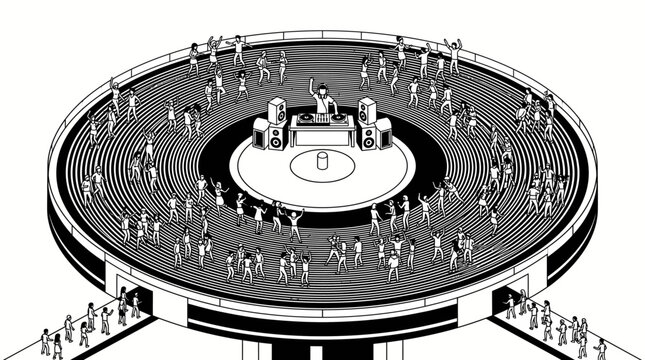 Crowd dancing on giant vinyl record with dj