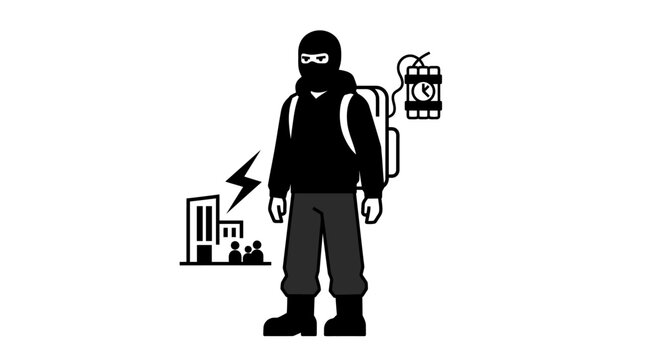 Person in mask with explosive device near buildings