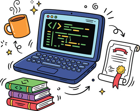 Software development laptop with coding books and certificate doodle art