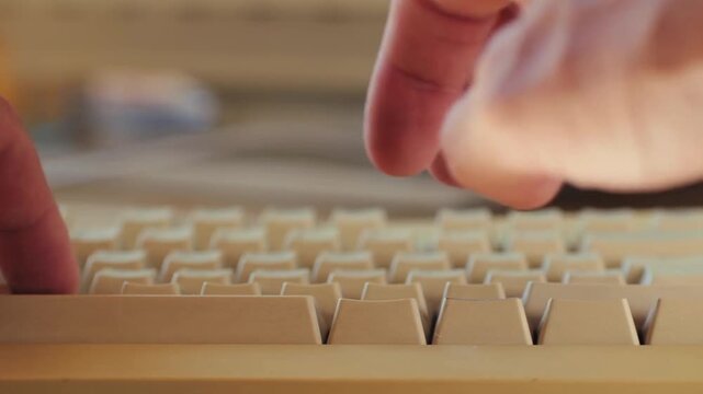 Man Working and Gaming on Retro Computer with Vintage Technology