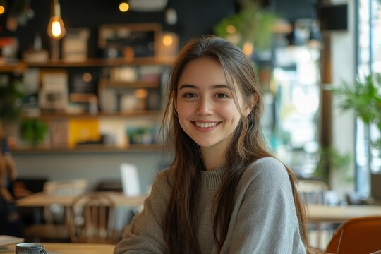 Young woman with long brown hair and dimples smiles warmly while sitting in a cozy cafe with blurred background.
