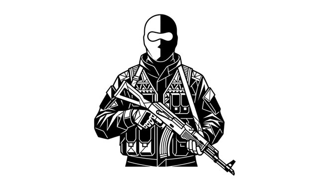 Close up of tactical operator in mask holding firearm