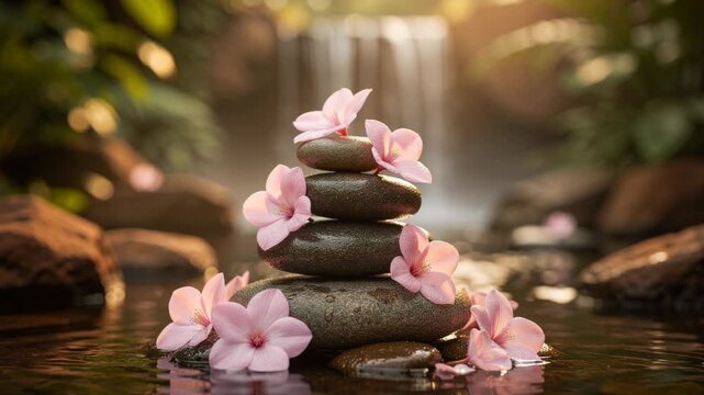 Tranquil natural scene with smooth stacked stones in calm water and delicate pink flowers for relaxation and meditation