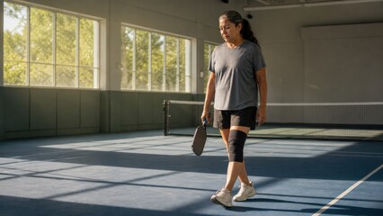 Fototapeta premium Pickleball injury midlife Indigenous woman walking slowly across an