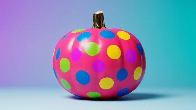 Brightly colored polka dot pumpkin decor against a vibrant gradient background for autumnal celebrations