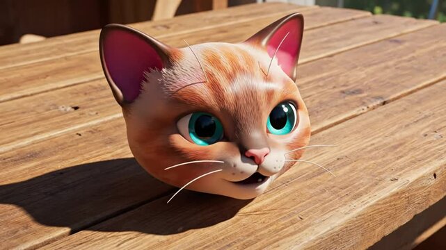 Cute animated cat head with expressive eyes placed on a wooden table, opening and closing its mouth