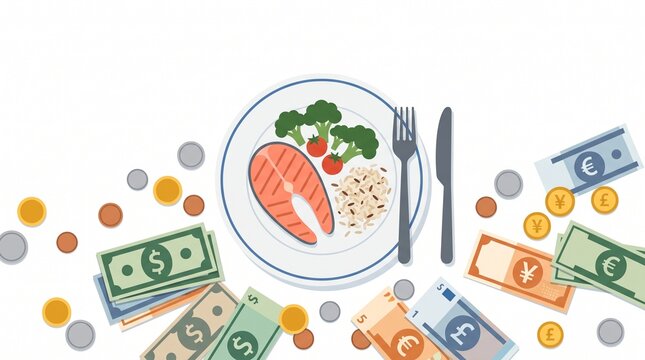High Cost of Healthy Eating Conceptual Illustration Featuring a Balanced Salmon Meal Surrounded by International Currency Notes and Coins