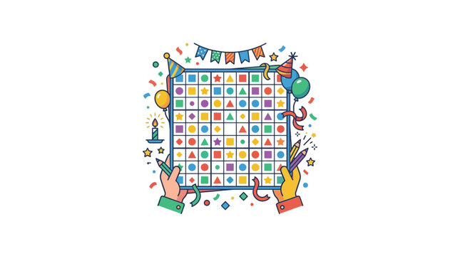 Colorful Party Bingo Game with Festive Decor and Hands Playing