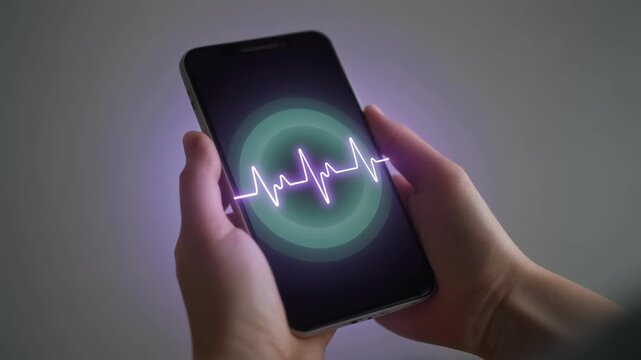 Person holding smartphone displaying purple neon heartbeat line
