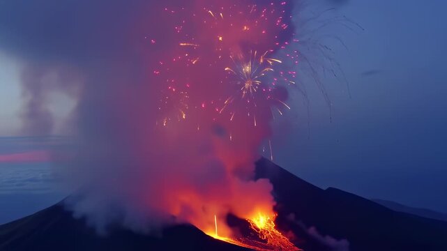 Volcanic eruption with lava and smoke.