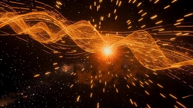 Vibrant glowing orange waves undulating dynamically over a starry night sky background