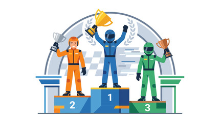 Racing drivers celebrating victory with podium trophies and colorful jumpsuits, suitable for sports competitions and achievementthemed designs. © se