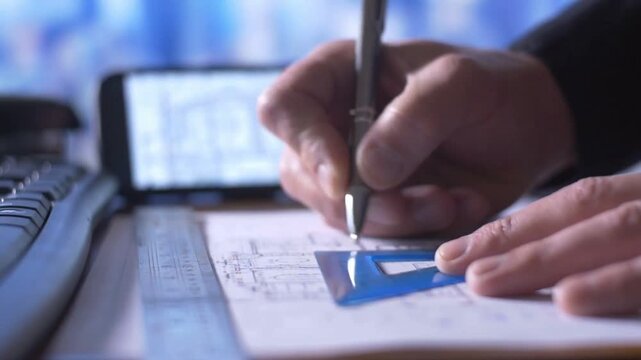Corporate Engineer Reviewing Architectural Blueprints In Modern Office