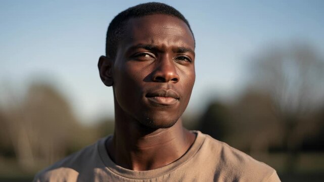 Young man standing outdoors in soft sunlight gazing thoughtfully into the distance
