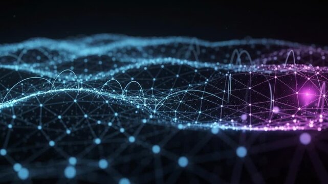 Dynamic digital wave of glowing interconnected nodes and lines with vibrant pulses in futuristic network design
