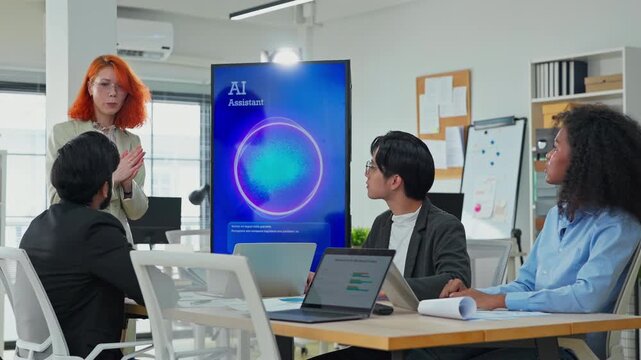 Diverse multiracial business team using AI bot to analyze restructuring strategy for profit growth in modern open office with screens and documents, corporate transformation planning concept