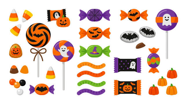 Halloweenthemed assortment of colorful treats like candy corn, lollipops, and jelly worms. Ideal for halloween party invitations or social media posts.