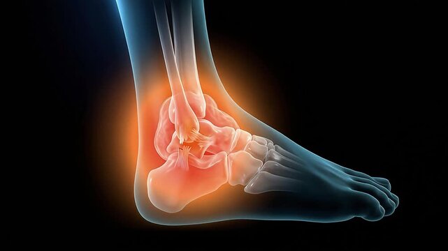 Ankle Sprain Ligament Injury 3D Medical Illustration, Foot Joint Pain X-ray Anatomy Animation, Human Skeleton Healthcare Concept
