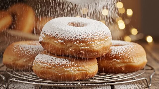 Sifting powdered sugar over a stack of fresh delicious doughnuts on a metal cooling rack