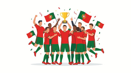 Fototapeta premium Portugal football team celebrating championship with trophy, confetti. Suitable for sports articles, blogs, or social media posts celebrating victories.