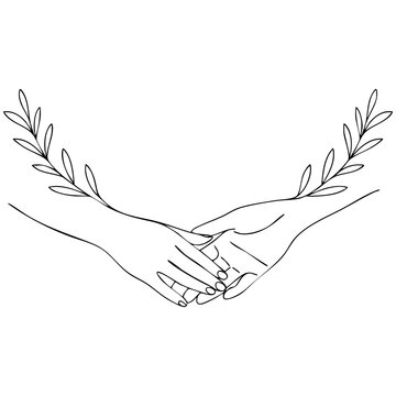 Artistic Single Line Drawing Of Reaching Hands With Symmetrical Botanical Elements Isolated on a Transparent or White Background