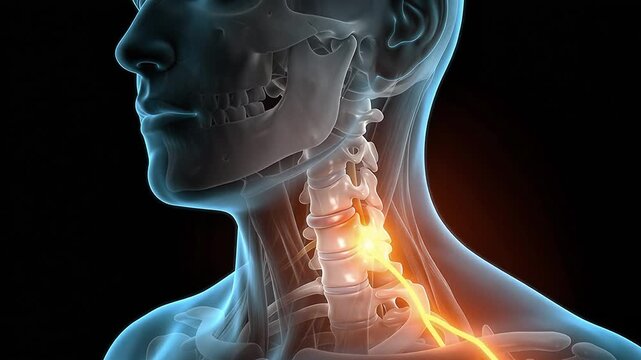 Cervical Spine Pain 3D Medical Illustration, Neck Vertebrae Pinched Nerve X-ray Anatomy Animation, Human Skeleton Healthcare Concept