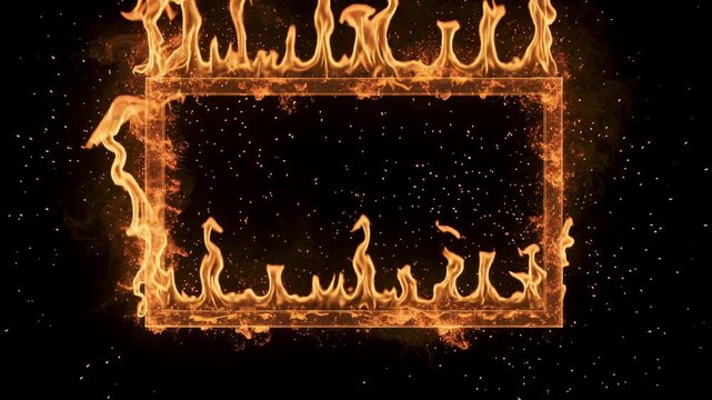 Blazing rectangular frame igniting vividly with flickering dark flames in intense fiery motion