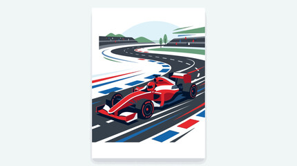 Naklejka premium Fast red formula one racing car speeds on a track circuit for grand prix events. Suitable for sports, racing, and competition themes.