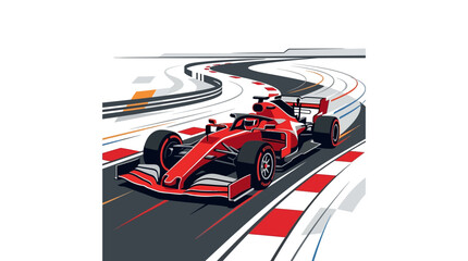 Red formula race car speeds around sharp asphalt corner with white markings, suitable for sports events or automotive design projects. © se