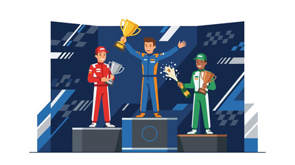 Adrenalinefilled moment captures victorious race car drivers joyfully hoisting trophies and spraying champagne perfect for sportsthemed designs and promotions. © se