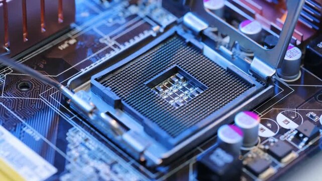 Panning View of Computer Mainboard and CPU Socket