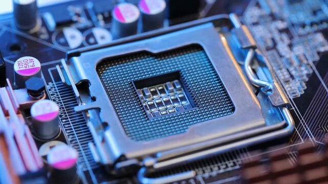 Macro Tracking Shot of Computer Motherboard CPU Socket
