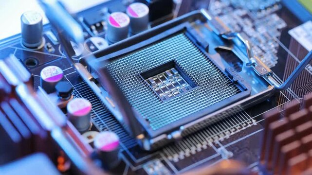 Close Up of Computer Motherboard CPU Socket Technology