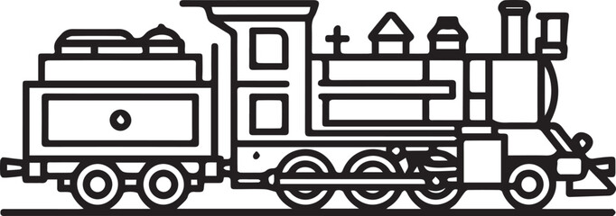 A detailed line art illustration depicts a classic steam locomotive, complete with tender, showcasing intricate mechanical details and historical charm. © DesignINKZ