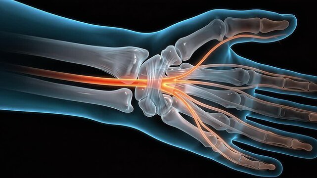 Carpal Tunnel Wrist Pain 3D Medical Illustration, Median Nerve Hand X-ray Anatomy Animation, Human Skeleton Healthcare Concept