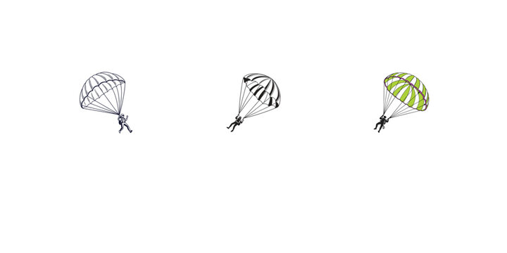 Skydiver silhouette icons set featuring three parachutists with different canopy designs.