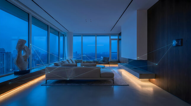 Modern luxury high-rise apartment living room at twilight with high end interior design apartment twilight interior
