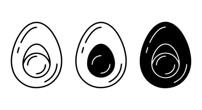 Vector Set: Boiled Egg Halves, Outline and Solid Icons, Breakfast Food Graphics