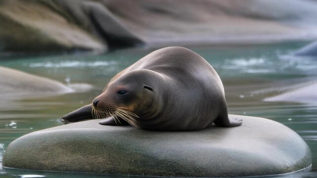 Seal resting on rock in calm water