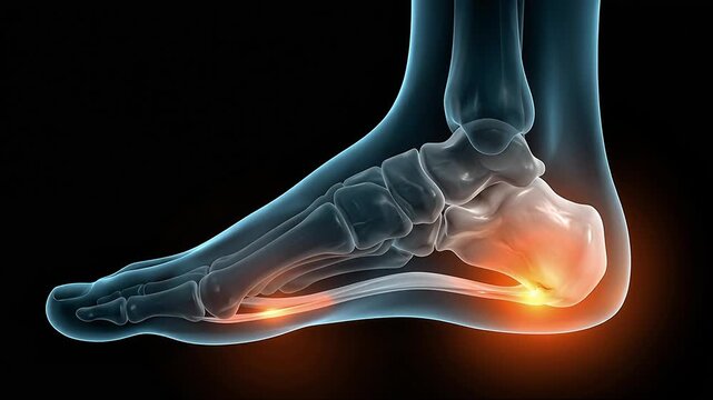 Plantar Fasciitis Heel Pain 3D Medical Illustration, Foot Tendon Inflammation X-ray Anatomy Animation, Human Skeleton Healthcare Concept