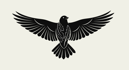 Fototapeta premium Detailed black bird silhouette with wings spread in flight.