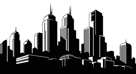 Obraz premium Detailed black city skyline silhouette panorama on white background.