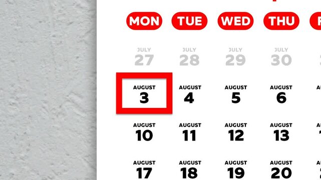 Red cursor highlighting August 3rd on a 2026 wall calendar page