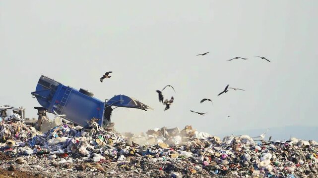 Garbage Truck Dumping Trash at Landfill with Birds Flying Over Garbage
