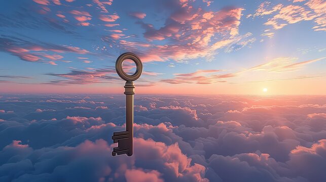 A surreal 3d render of a metallic skeleton key floating above a sea of clouds at sunset